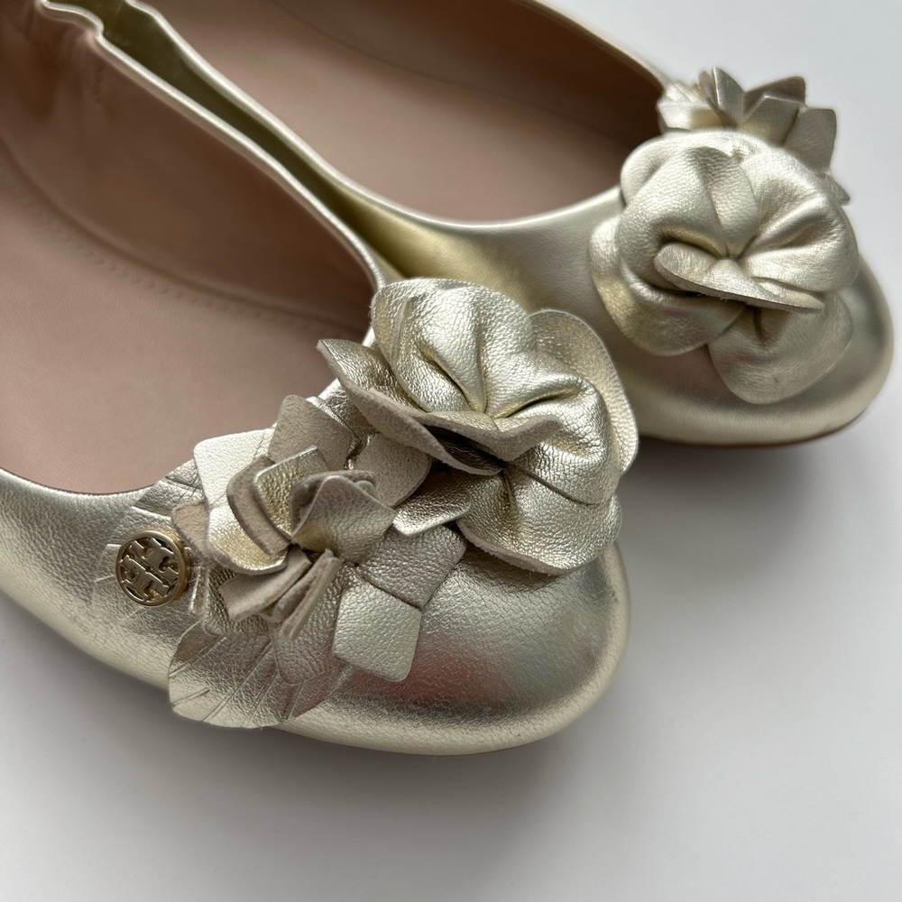 Tory Burch Blossom Ballet Flat Grained Metallic in Spark Gold - Picture 4 of 9